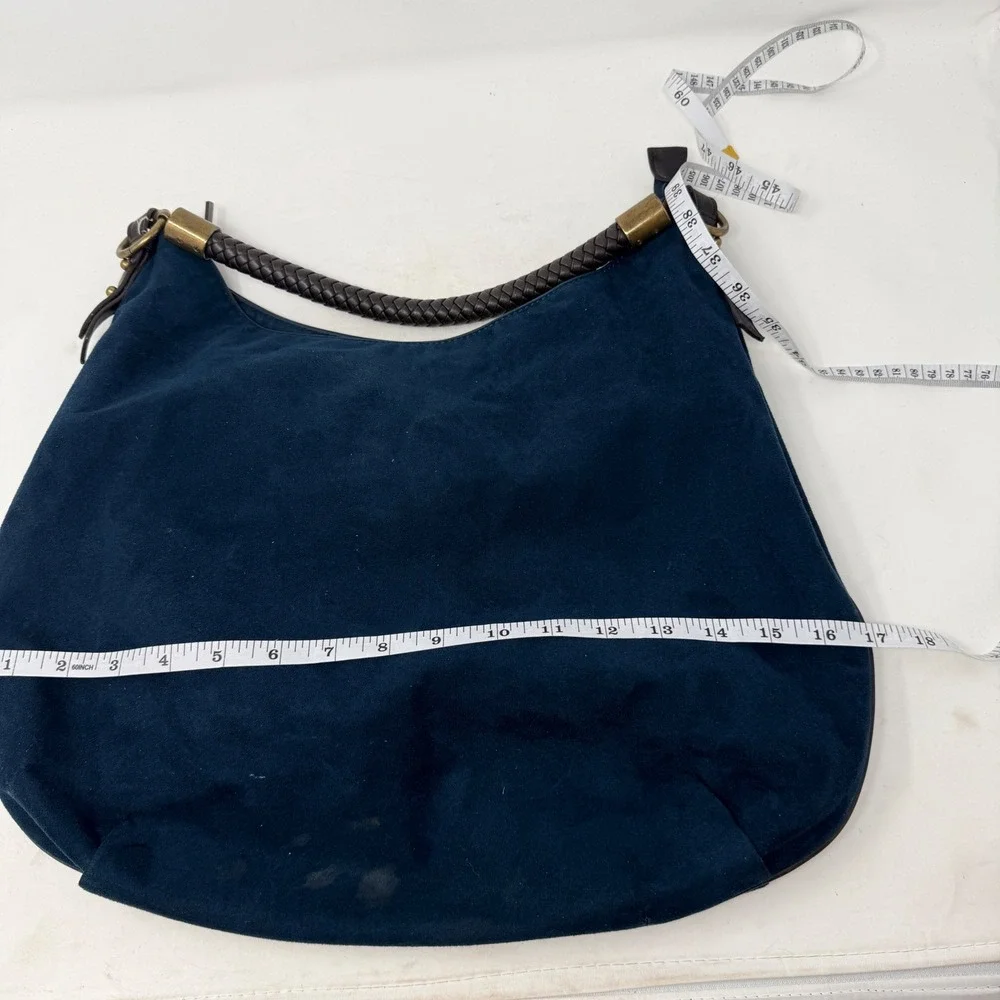 Nine West Navy Blue Faux Suede Hobo Bag Braided Handle Brass Hardware Slouchy - Picture 7 of 12